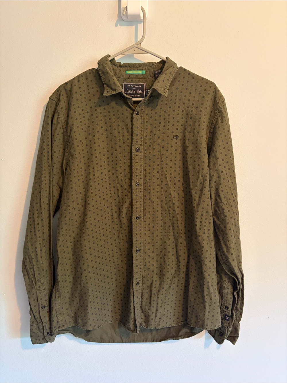 Scotch & Soda Olive Green Micro-Pattern Button-Down Shirt